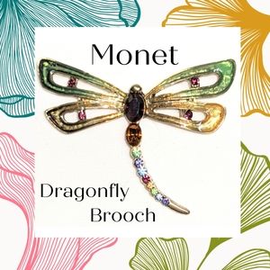 Vintage Monet Dragonfly Brooch - Gold Tone, Rhinestones & Colorful Enamel